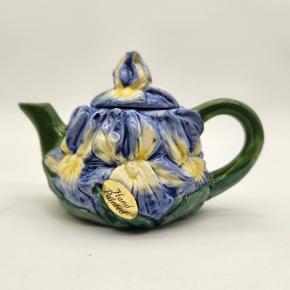 Papel Freelance Blue Yellow Iris Flower Miniature Teapot Hand Painted‎ Ceramic